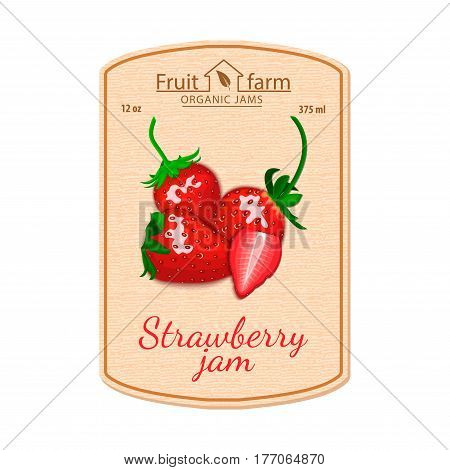 Vector strawberry jam lable. Composition of strawberry fruits. Design of a sticker for a jar with strawberry jam, berry marmalade, juice, smoothies. Sticker in retro style with texture for your design.