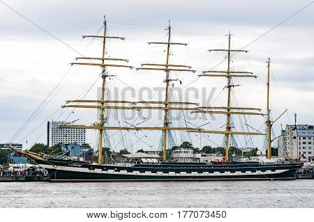 Rostock, Germany - August 2016: Sailing ship Krusenstern on the baltic sea. Hanse-Sail Warnemuende at port Rostock, Mecklenburg-Vorpommern, Germany. Tall Ship.Yachting and Sailing travel. Cruises and holidays