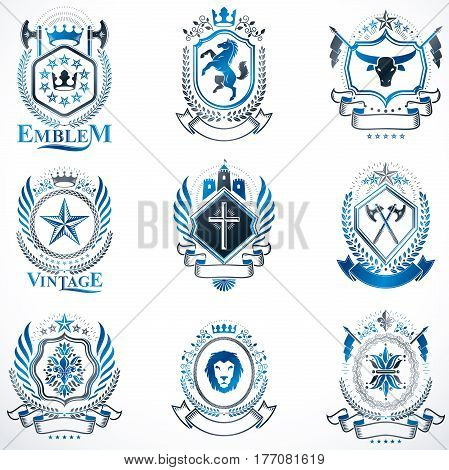 Vintage Decorative Heraldic Vector Emblems Composed With Elements Like Eagle Wings, Religious Crosse