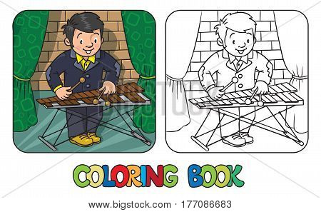 Coloring book of funny musician or xylophone player. Profession series. Children vector illustration.