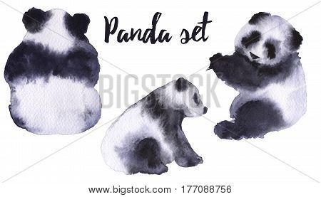 Set with panda bears. Isolated on white background. Watercolor illustration.