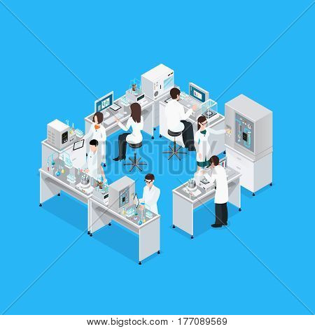 Laboratory isometric composition with workbench research equipment and group of working faceless scientist characters in uniform vector illustration