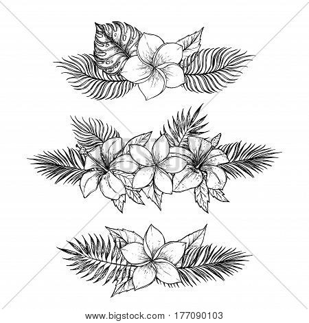 Hand Drawn Vector Illustrations - Bouquets Of Tropical Flowers And Palm Branches. Summer Time. Perfe