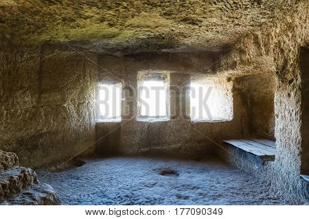 Medieval cave city-fortress Chufut-Kale in the mountains, Bakhchisaray, Crimea.
