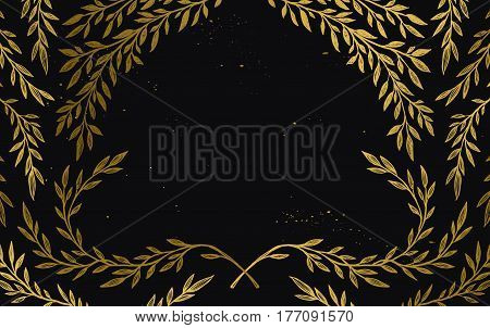 Hand Drawn Vector Illustration - Background With Vintage Branches And Inky Splashes. Gold Botanical