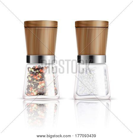 Two isolated realistic salt and pepper mill composition with glass container and wooden cover vector illustration