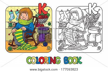 Coloring book of funny smiling knitter. Woman, sitting in a rocking chair, knitting a scarf, surrounded by yarn. Profession ABC series. Children vector illustration. Alphabet K