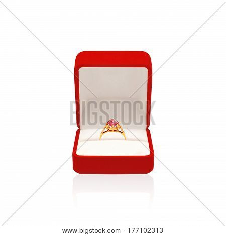 Golden Ring With Diamond In Red Box Isolated On A White Background