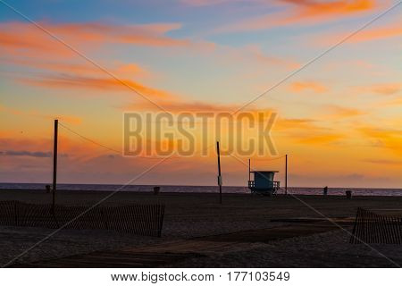 Lifeguard hut at sunset in Santa Monica California