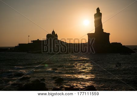 Kanyakumari Comorin cape Kerala India Sunrise above the sea