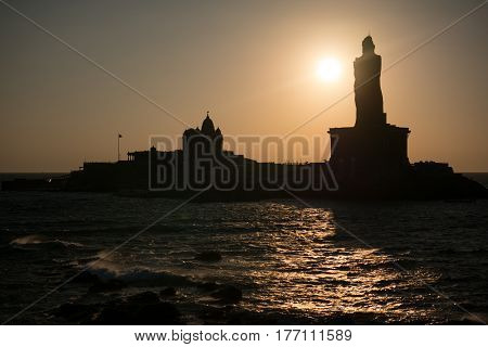 Kanyakumari Comorin cape Kerala India Sunrise above the sea