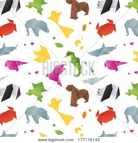 Animals origami pattern snake elephant bird seahorse frog fox mouse butterfly pelican wolf bear rabbit crab shark horse fish parrot monkey pig turtle penguin giraffe cat panda kangaroo drawing with color on white background