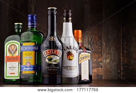 POZNAN POLAND - MAR 16 2016: Historical descendants of herbal medicines liqueurs are drinks made from distilled spirit flavored with fruit cream herbs spices flowers or nuts and added sugar