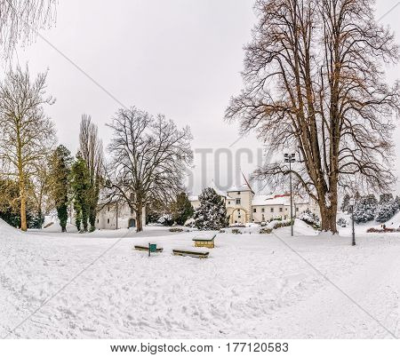Varazdin Castle and Old Town in winter time, one of the most important tourist centers of northern Croatia.