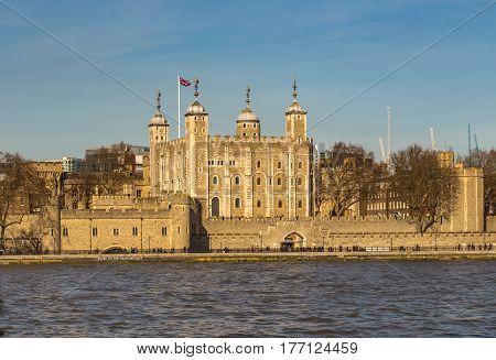 Tower of London, taken from the South side of the River Thames looking at the famous London attraction.