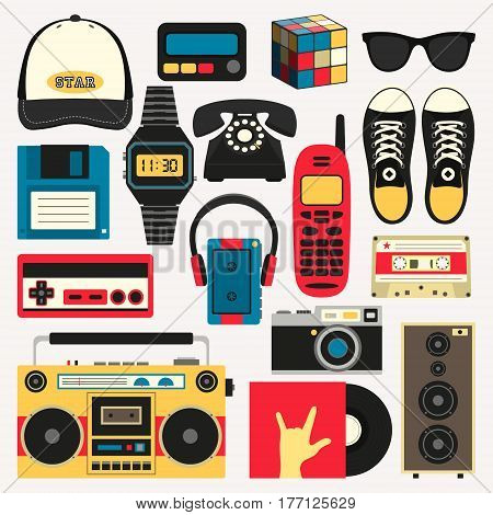 Vector old style equipments, accessories and things icons set. Old school collection in flat style. Design templates, PS10 illustration.