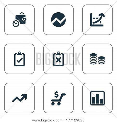 Vector Illustration Set Of Simple Banking Icons. Elements Cross On Clipboard, Wallet, Rate And Other Synonyms List, Rate And Check.