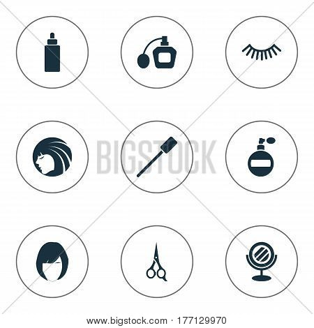 Vector Illustration Set Of Simple Spa Icons. Elements Hairstyle, Fragrance, Perfume And Other Synonyms Perume, Scissors And Mirror.