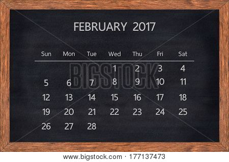 February month 2017 calendar on chalkboard wood frame Planner blackboard organizer.