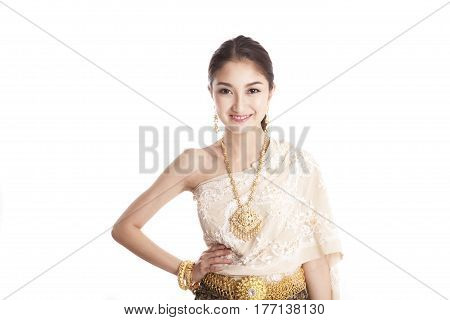 Thai women welcome with traditional Thai suit in studio