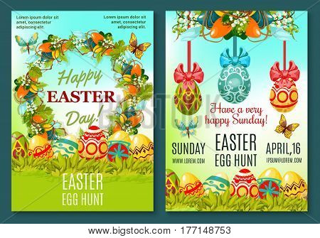Easter Egg Hunt poster template. Easter eggs hidden in green grass banners, adorned by floral wreath of lily and tulip flowers with ribbon, bow, butterfly. Easter Sunday celebration invitation design