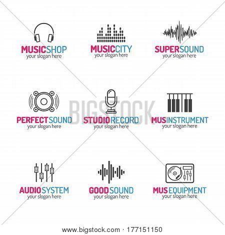 Music shop logo set with different icons modern color style isolated on white background for use music store, sound company, audio system shop, equipment market, dj etc. Vector Illustration