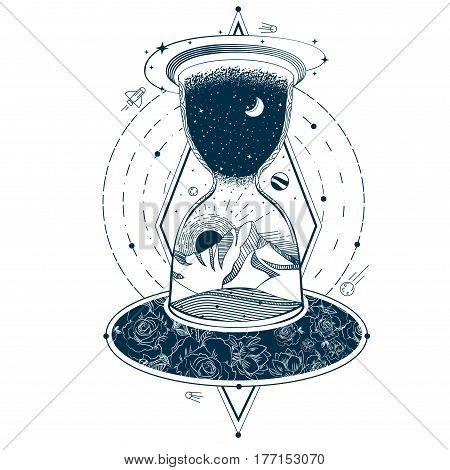 Vector illustration of a sketch of an abstract tattoo with an hourglass enclosing the sky and the earth against the background of an infinite universe. Mystical symbol of time