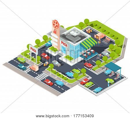 Vector isometric illustration of a modern Italian fast food restaurant with parking and gas station. Isometric pizzeria with a giant pizza sign, Italian cuisine