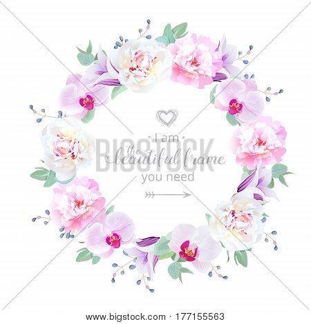 Beautiful wedding floral vector design round frame. Pink and white peony, purple orchid, violet campanula flowers, blue berry. Colorful botany objects. All elements are isolated and editable.