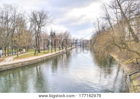MINSK BELORUSSIA - March 11.2017: Minsk. City Park on the riverside of the river Svislach in the city center