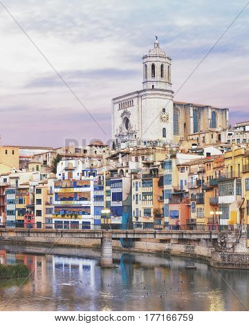 historical jewish quarter in Girona, view from Eiffel Bridge at sunrise, Barcelona, Spain, Catalonia
