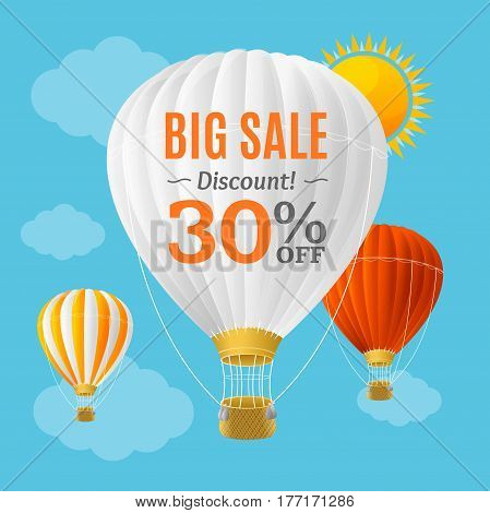 Big Sale Summer Concept Banner Card or Poster with Hot Air Balloon. Vector illustration