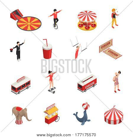 Circus isometric set of manege juggler clown acrobat trained animals tickets cola carousel decorative icons isolated vector illustration