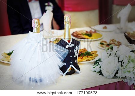 Gorgeous Bouquet Of Autumn Flowers Lie On The White Dinner Table