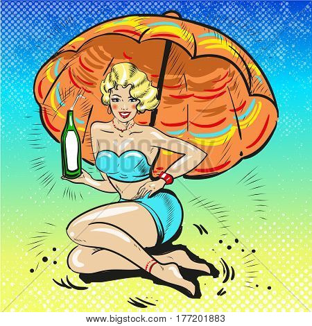 Young women holding tropical cocktail on the beach. Pop Art girl. Vector illustration in retro style pop art.