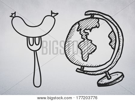 Digital composite of world globe and sausage drawings