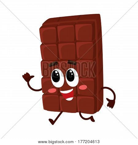 Cute chocolate bar character with funny face hurrying somewhere, cartoon vector illustration isolated on white background. Funny chocolate character, mascot, emoticon