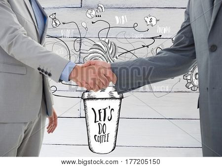 Digital composite of Business people shaking hands against sketches on wall