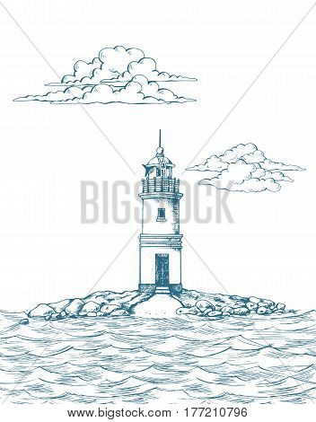 Tokarevskiy lighthouse in Vladivostok. Vector illustration. Traced image. Sea. It can be used as background on the web site or in the design of postcards, leaflets and other printed products