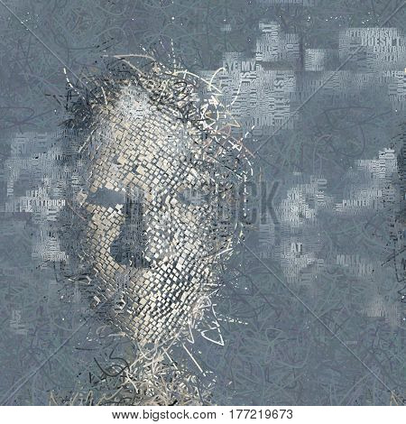 Surrealism. Human face mask made of cubes. Words.  3D Render