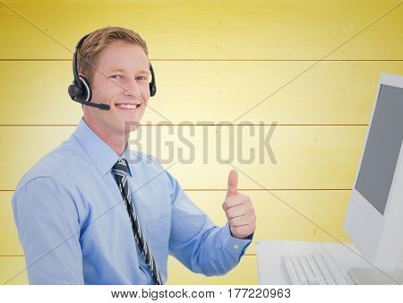 Digital composite of Happy Travel agent with headset against a yellow background