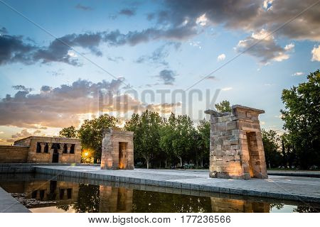 Madrid Spain - September 27 2014: Sunset on Temple of Debod. Temple of Debod. It is an Egyptian temple dating back to the 2nd century BC. The temple was donated to Spain by the Egyptian government