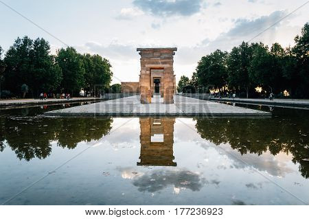 Madrid Spain - September 27 2014: Sunset on Temple of Debod. Temple of Debod. It is an Egyptian temple dating back to the 2nd century BC. The temple was donated to Spain by the Egyptian government