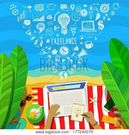 Freelance concept. Man working on a laptop at the beach, top view. Flat design, vector illustration.