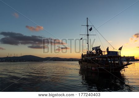 SOZOPOL, BULGARIA - JULY 13, 2016: Amazing Sunset at the port of Sozopol, Burgas Region, Bulgaria