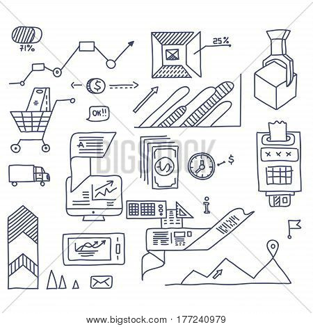 Hand draw doodle elements bank business finance analytics earnings