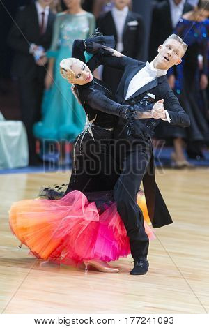 Minsk Belarus- February 18 2017: Unidentified Dance Couple Perform Adult Standard European Program on WDSF Minsk Open Dance Festival-2017 Championship in February 18 2017 in Minsk Belarus.