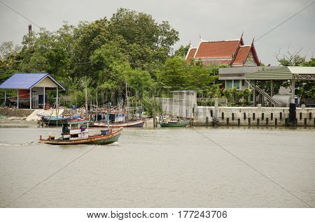 Fishing Boat Floating And Move On The Sea Go To Moored At Dock After Fishing In The Sea
