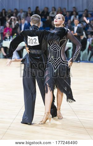 Minsk Belarus-February 18 2017: Unidentified Professional Dance Couple Performs Youth Latin-American Program on WDSF Minsk Open Dance Festival-2017 Championship in February 18 2017 in Minsk Belarus.