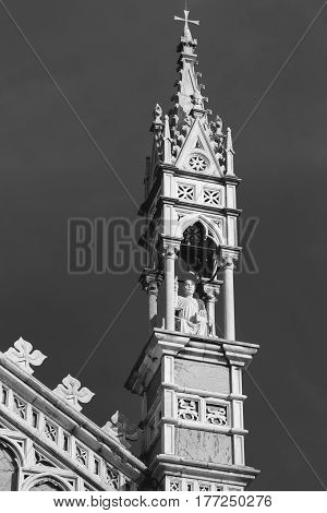 Monza (Brianza Lombardy Italy): historic cathedral exterior detail of the facade (Duomo). Black and white
